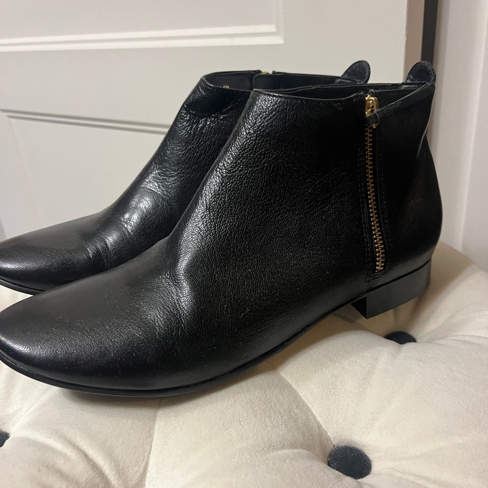 Cole Haan Black Leather Ankle Boots with Gold Zipper